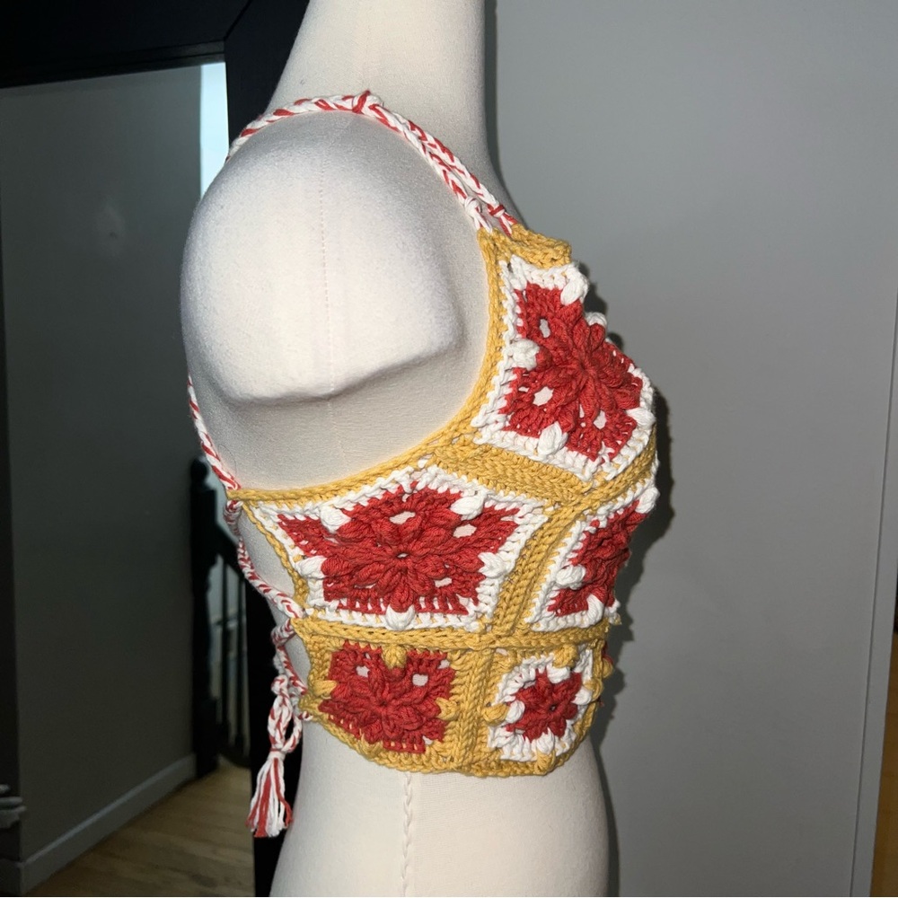 Crochet Venus Halter Top with Red and Yellow Floral Design - Picture 3 of 7